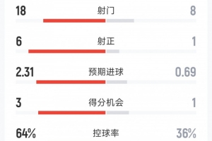 曼城3-0桑德兰全场数据：射门18-8，射正6-1，得分机会3-1