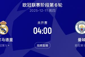 皇马本赛季欧冠4胜1负只输利物浦，本轮将主场迎战三连胜的曼城
